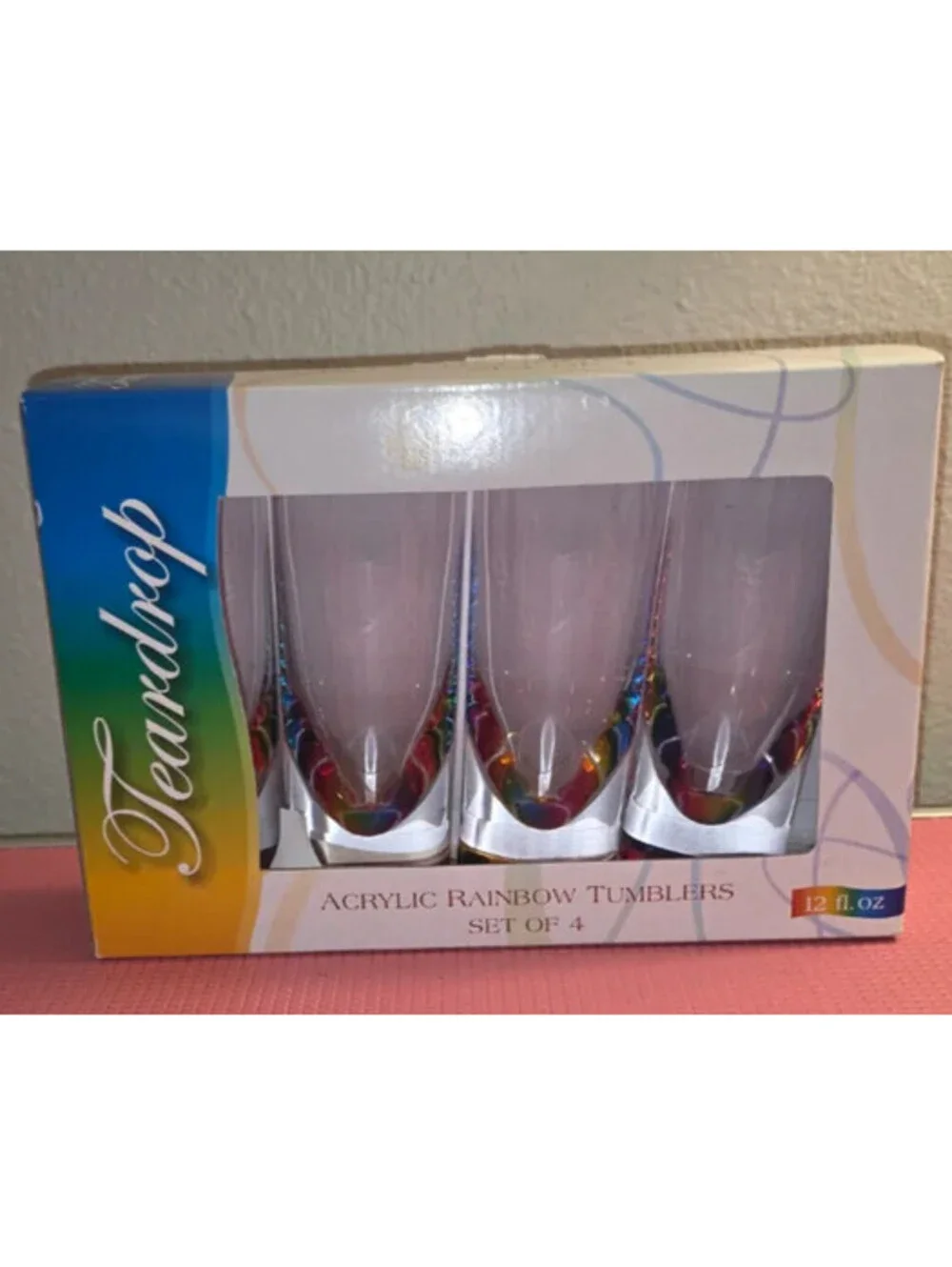 MERRITT TEARDROP ACRYLIC RAINBOW TUMBLERS 12 OZ DRINKWARE GLASSES SET OF 4 NEW